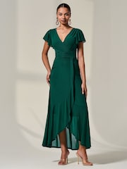Jolie Moi Green Angel Sleeve Mesh Wrap Maxi Dress - Image 2 of 6
