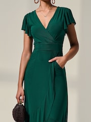 Jolie Moi Green Angel Sleeve Mesh Wrap Maxi Dress - Image 3 of 6