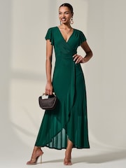 Jolie Moi Green Angel Sleeve Mesh Wrap Maxi Dress - Image 5 of 6