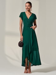 Jolie Moi Green Angel Sleeve Mesh Wrap Maxi Dress - Image 6 of 6