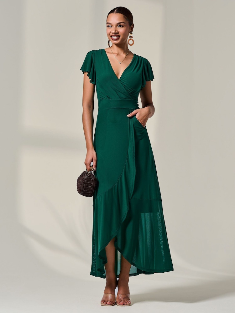 Jolie Moi Green Angel Sleeve Mesh Wrap Maxi Dress - Image 6 of 6