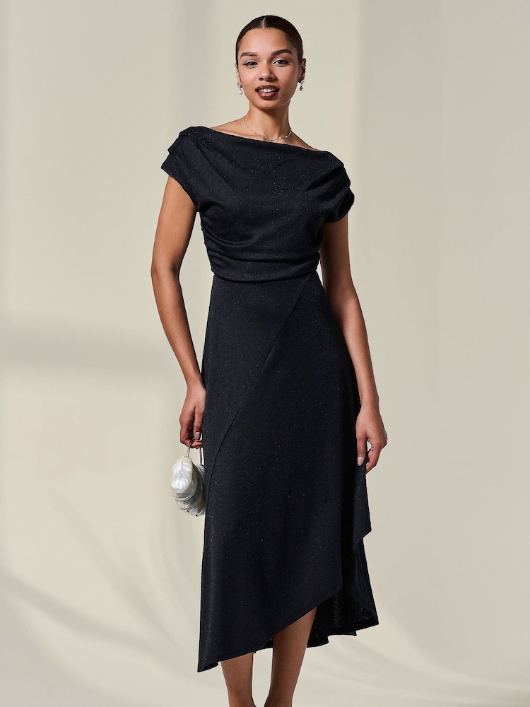Jolie Moi Black Asymmetric Draped Midi Dress - Image 1 of 6 Jolie Moi Black Asymmetric Draped Midi Dress - Image 1 of 6
