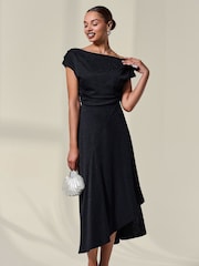 Jolie Moi Black Asymmetric Draped Midi Dress - Image 4 of 6