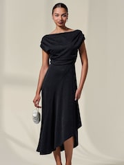 Jolie Moi Black Asymmetric Draped Midi Dress - Image 6 of 6
