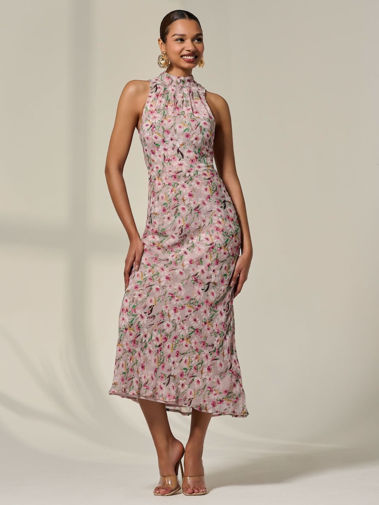 Jolie Moi Purple Chiffon Halterneck Printed Midaxi Dress - Image 1 of 6