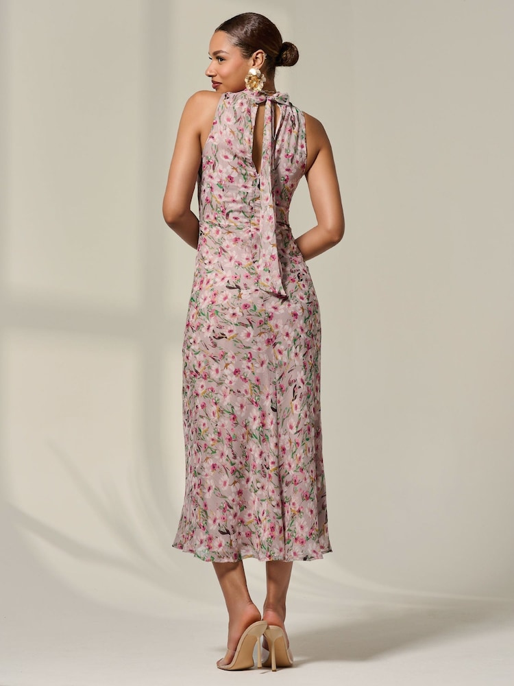 Jolie Moi Purple Chiffon Halterneck Printed Midaxi Dress - Image 2 of 6