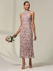 Jolie Moi Purple Chiffon Halterneck Printed Midaxi Dress - Image 4 of 6
