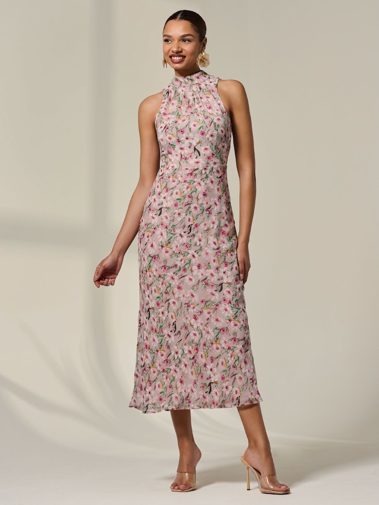 Jolie Moi Purple Chiffon Halterneck Printed Midaxi Dress - Image 6 of 6 Jolie Moi Purple Chiffon Halterneck Printed Midaxi Dress - Image 6 of 6