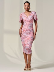 Jolie Moi Pink Mesh Sleeve Ruched Midi Dress - Image 1 of 6