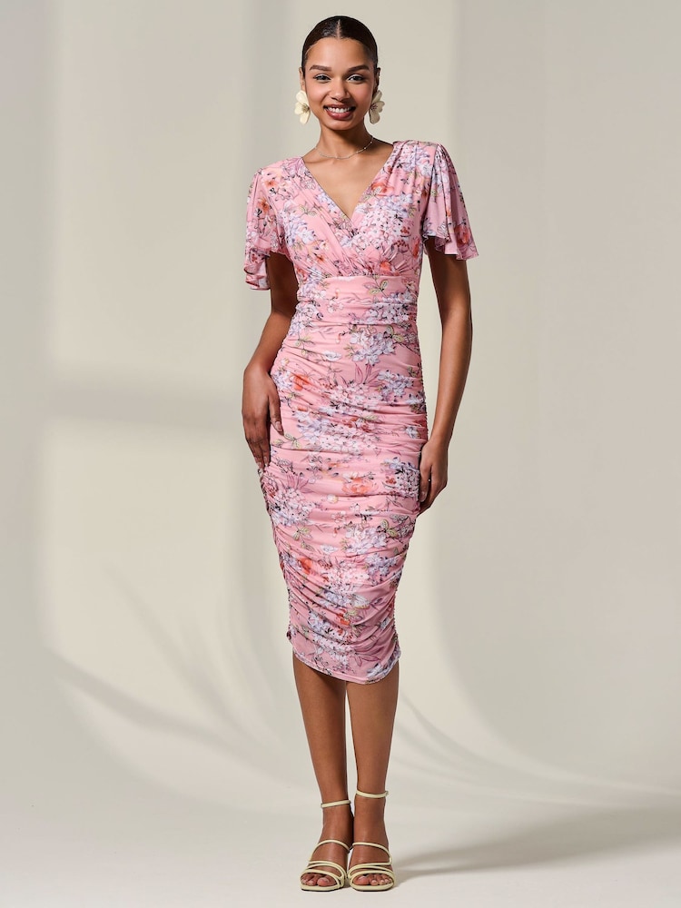 Jolie Moi Pink Mesh Sleeve Ruched Midi Dress - Image 1 of 6