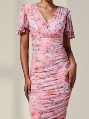 Jolie Moi Pink Mesh Sleeve Ruched Midi Dress - Image 3 of 6