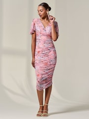 Jolie Moi Pink Mesh Sleeve Ruched Midi Dress - Image 4 of 6