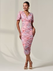 Jolie Moi Pink Mesh Sleeve Ruched Midi Dress - Image 5 of 6