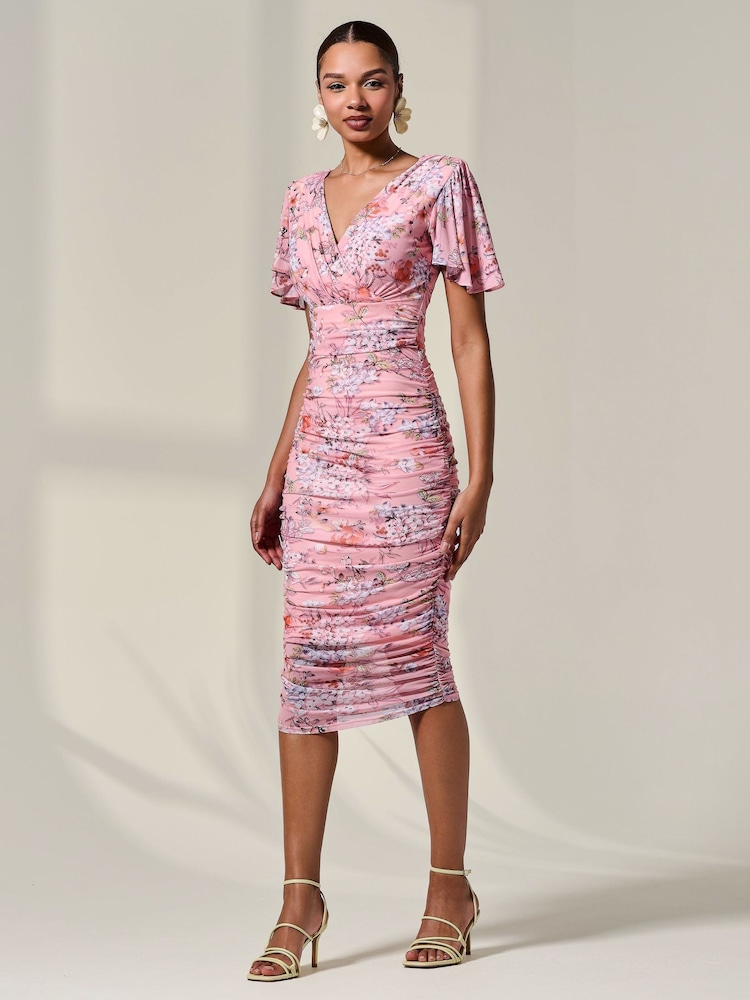 Jolie Moi Pink Mesh Sleeve Ruched Midi Dress - Image 6 of 6