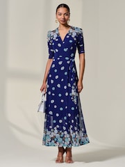 Jolie Moi Navy Blue Mesh Sleeve Ruched Midi Dress - Image 1 of 6