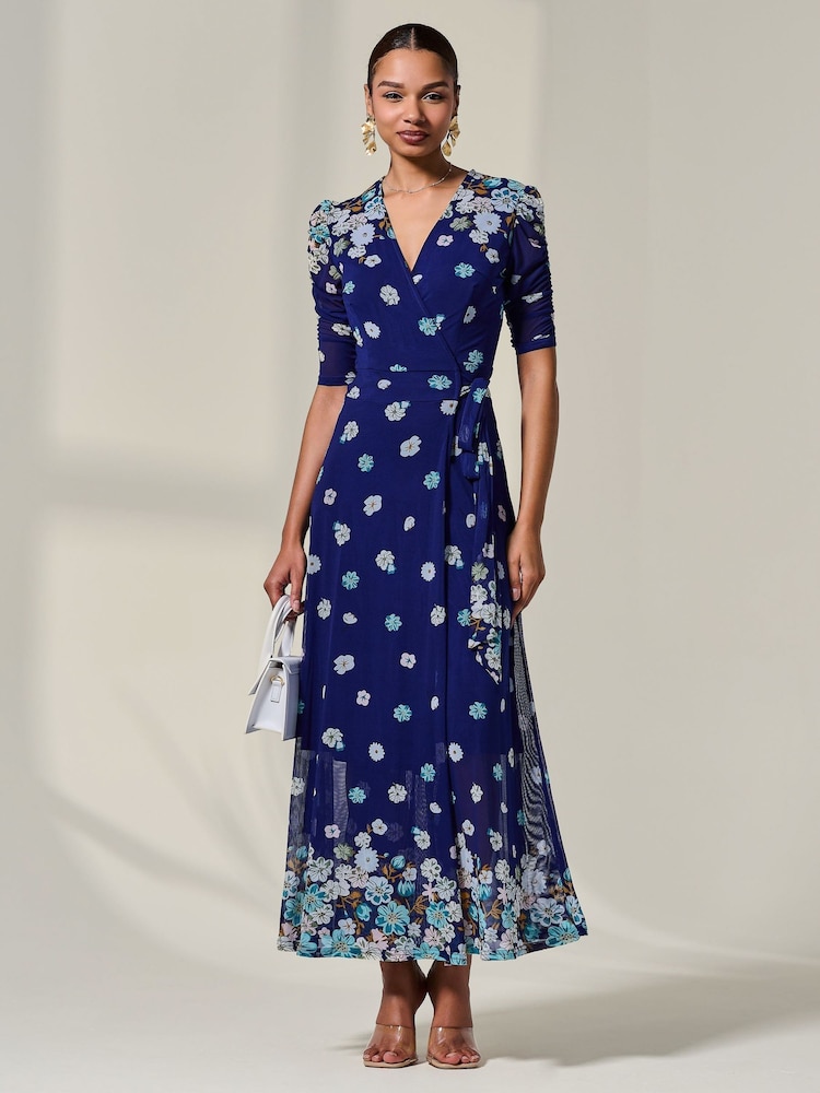 Jolie Moi Navy Blue Mesh Sleeve Ruched Midi Dress - Image 1 of 6