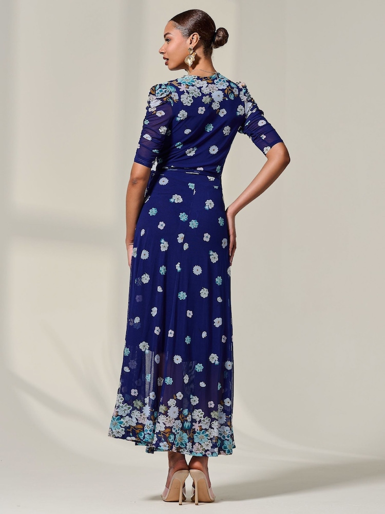 Jolie Moi Navy Blue Mesh Sleeve Ruched Midi Dress - Image 2 of 6