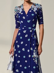 Jolie Moi Navy Blue Mesh Sleeve Ruched Midi Dress - Image 3 of 6
