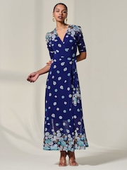 Jolie Moi Navy Blue Mesh Sleeve Ruched Midi Dress - Image 4 of 6
