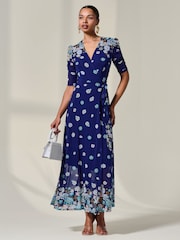 Jolie Moi Navy Blue Mesh Sleeve Ruched Midi Dress - Image 5 of 6