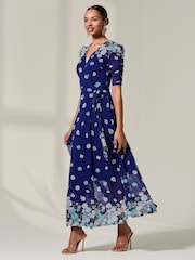 Jolie Moi Navy Blue Mesh Sleeve Ruched Midi Dress - Image 6 of 6