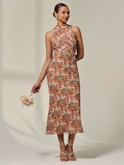 Jolie Moi Natural Chiffon Halterneck Printed Midaxi Dress - Image 1 of 6