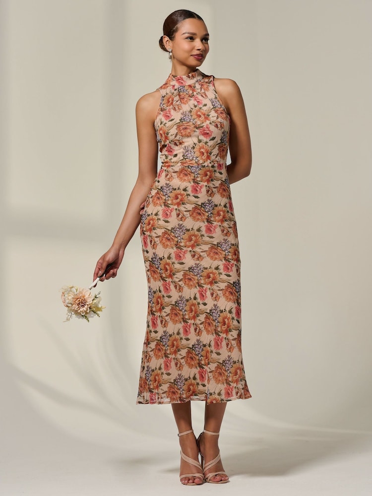 Jolie Moi Natural Chiffon Halterneck Printed Midaxi Dress - Image 1 of 6 Jolie Moi Natural Chiffon Halterneck Printed Midaxi Dress - Image 1 of 6