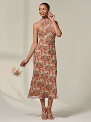 Jolie Moi Natural Chiffon Halterneck Printed Midaxi Dress - Image 6 of 6