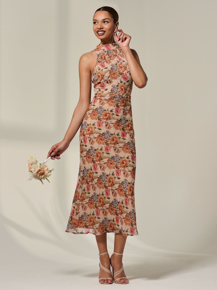 Jolie Moi Natural Chiffon Halterneck Printed Midaxi Dress - Image 6 of 6