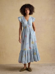 Joules Winnie Blue/White Frill Shoulder Maxi Dress - Image 1 of 8