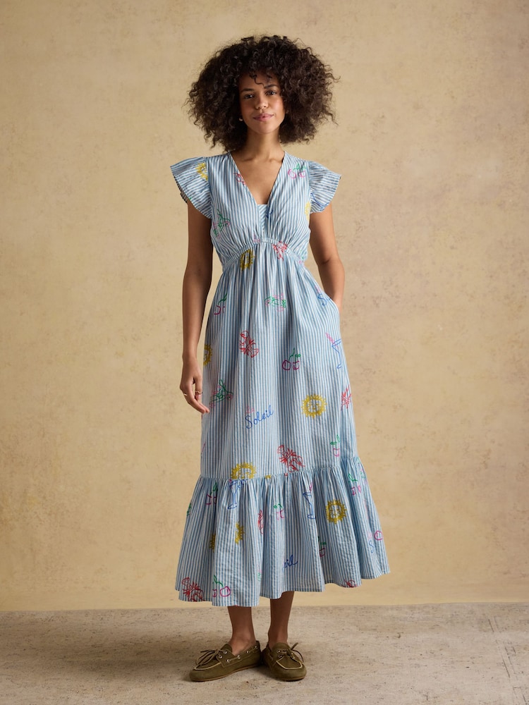 Joules Winnie Blue/White Frill Shoulder Maxi Dress - Image 1 of 8