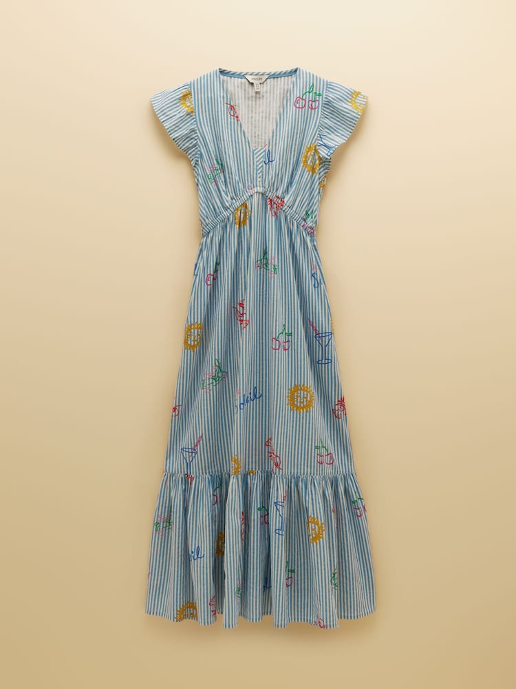 Joules Winnie Blue/White Frill Shoulder Maxi Dress - Image 8 of 8