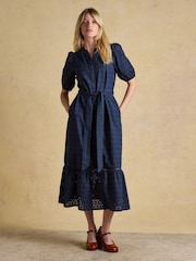 Joules Susanna Navy Short Sleeve Broderie Midi Dress - Image 1 of 10