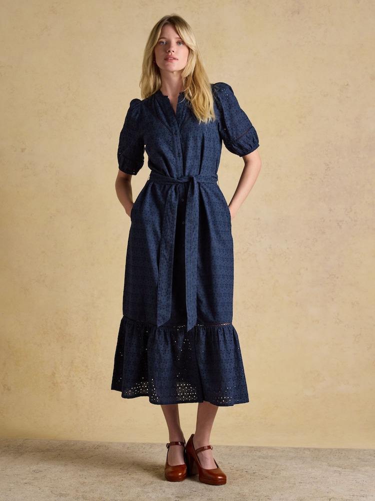 Joules Susanna Navy Short Sleeve Broderie Midi Dress - Image 1 of 10