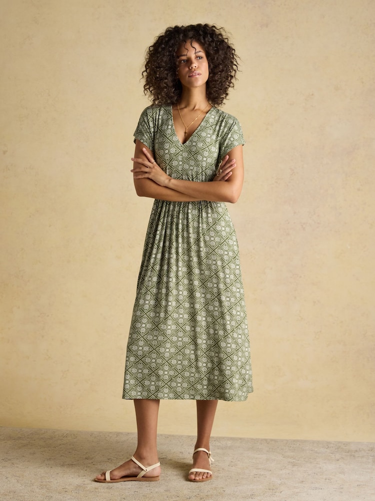 Joules Nia Khaki Geo Short Sleeve Jersey Dress - Image 1 of 10 Joules Nia Khaki Geo Short Sleeve Jersey Dress - Image 1 of 10