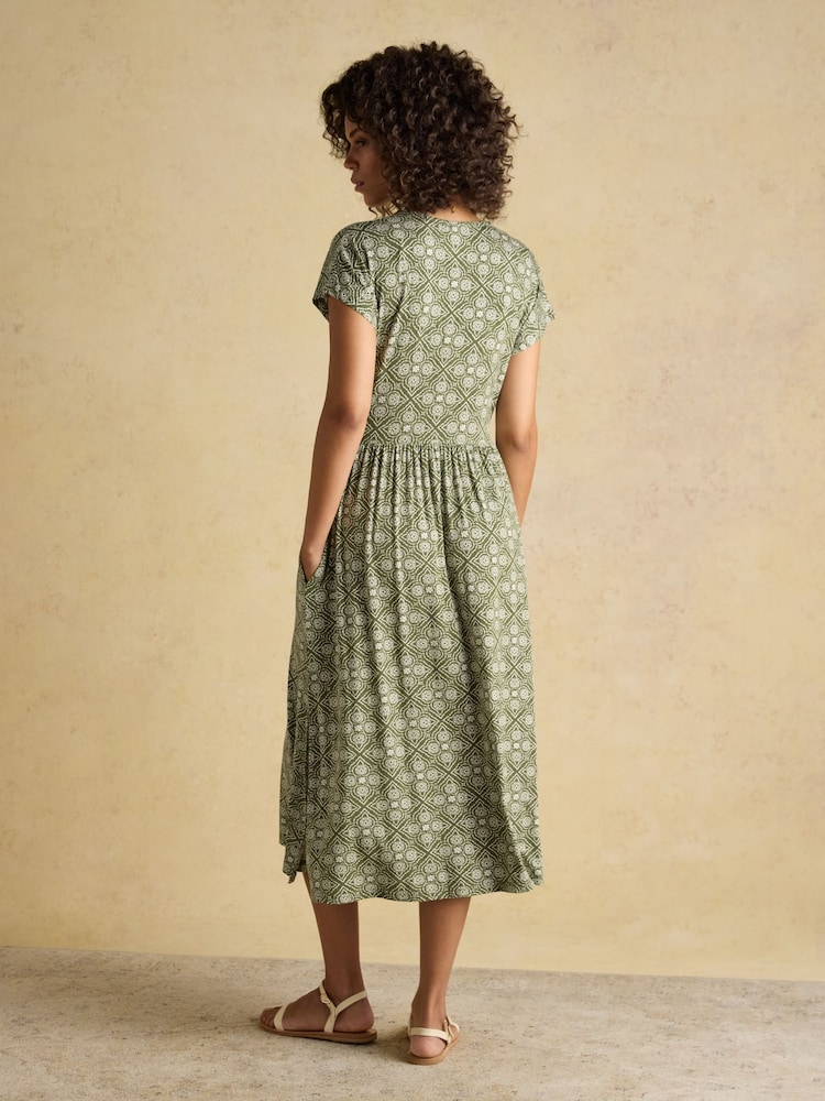 Joules Nia Khaki Geo Short Sleeve Jersey Dress - Image 2 of 10 Joules Nia Khaki Geo Short Sleeve Jersey Dress - Image 2 of 10