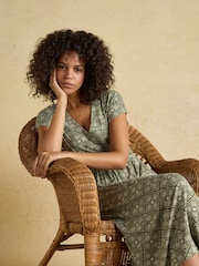 Joules Nia Khaki Geo Short Sleeve Jersey Dress - Image 3 of 10