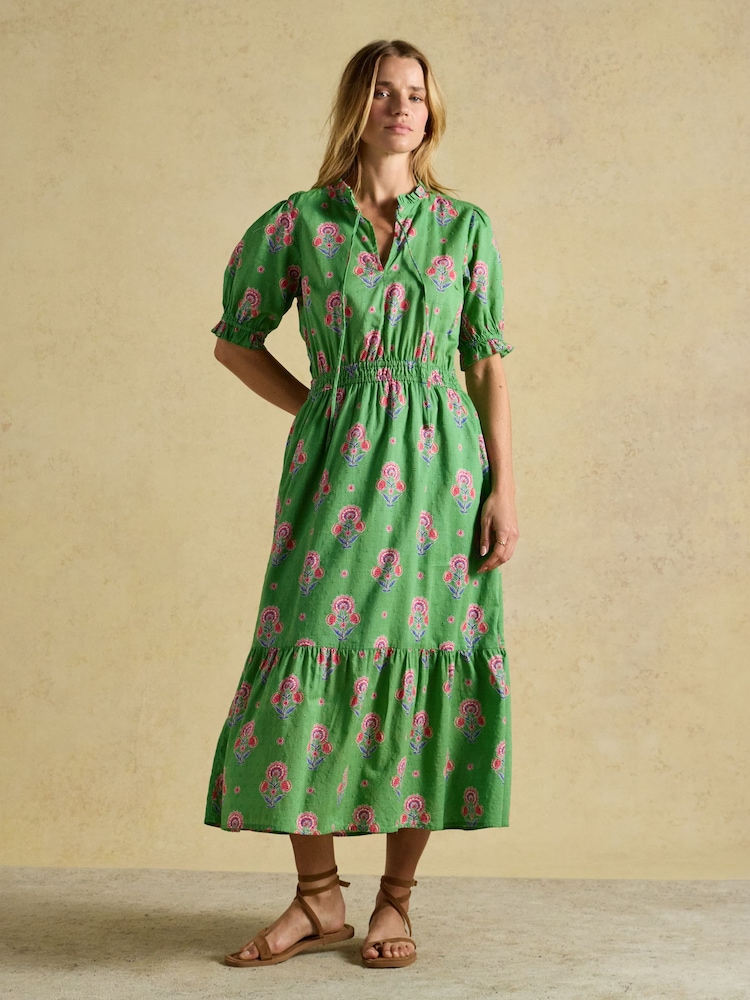 Joules Larissa Green & Pink Foulard Print Tie Neck Midi Dress - Image 1 of 9 Joules Larissa Green & Pink Foulard Print Tie Neck Midi Dress - Image 1 of 9