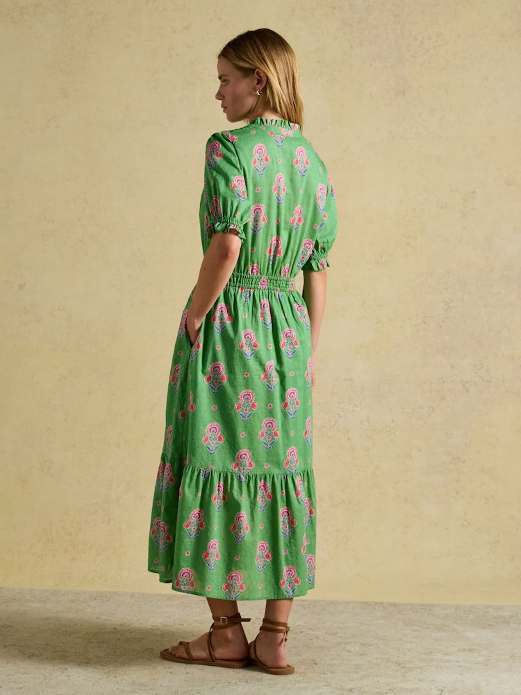 Joules Larissa Green & Pink Foulard Print Tie Neck Midi Dress - Image 2 of 9 Joules Larissa Green & Pink Foulard Print Tie Neck Midi Dress - Image 2 of 9