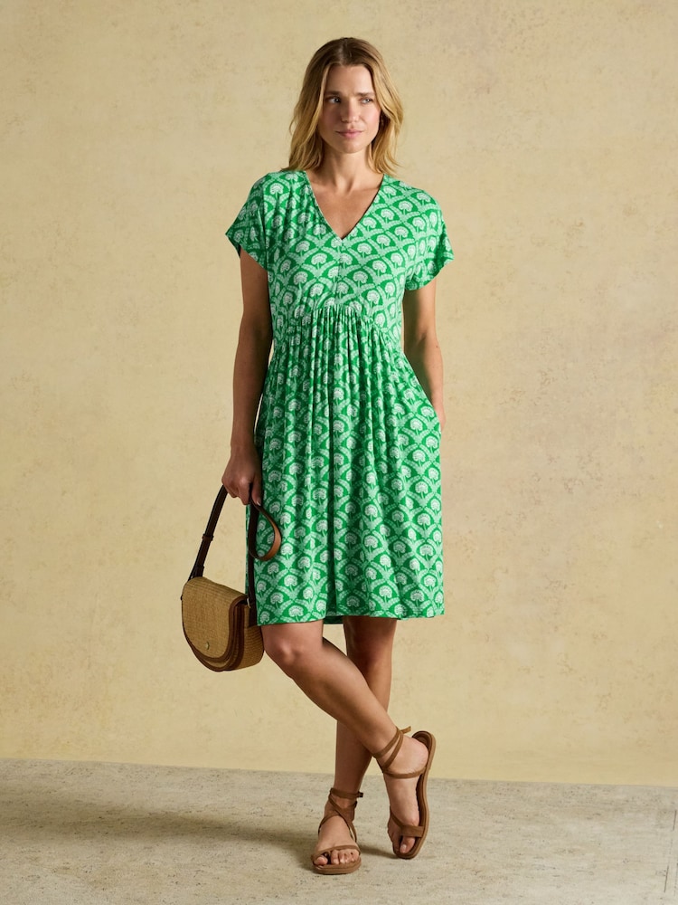 Joules Nia Green & White Foulard Jersey Short Dress - Image 1 of 8 Joules Nia Green & White Foulard Jersey Short Dress - Image 1 of 8