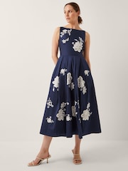 Monsoon Blue Sicily Embroidered Fit & Flare Midi Dress - Image 1 of 4