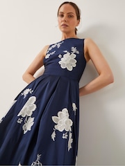 Monsoon Blue Sicily Embroidered Fit & Flare Midi Dress - Image 4 of 4