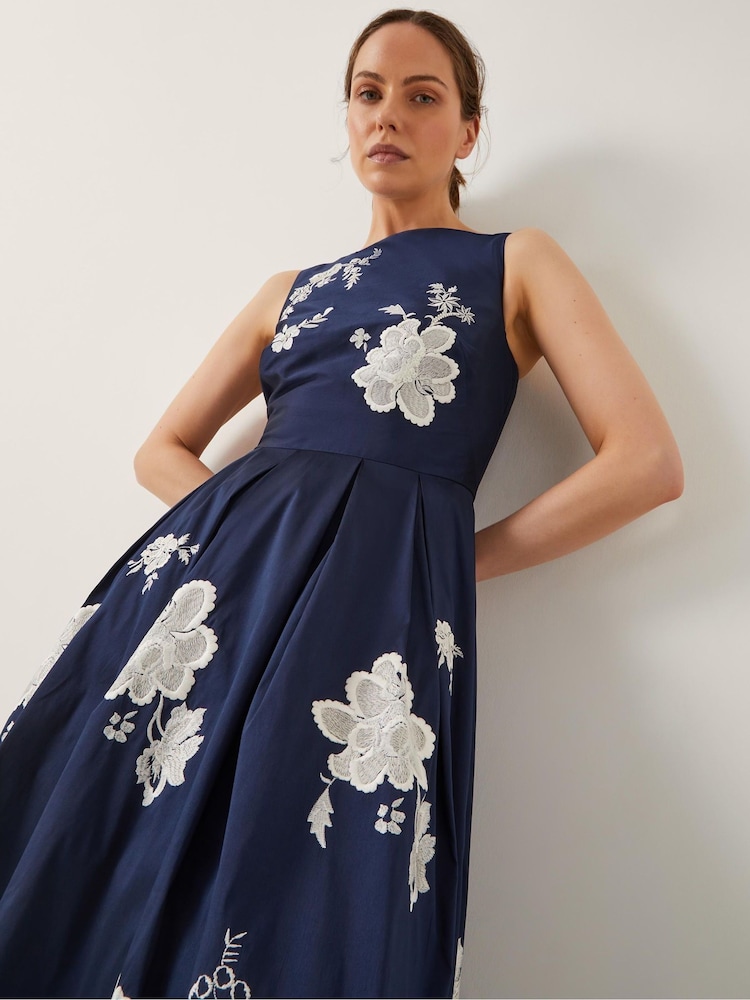 Monsoon Blue Sicily Embroidered Fit & Flare Midi Dress - Image 4 of 4