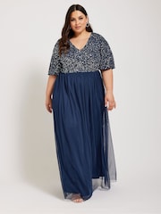 Yours Curve Blue Luxe Sequin V-Neck Maxi Dress - Image 1 of 5