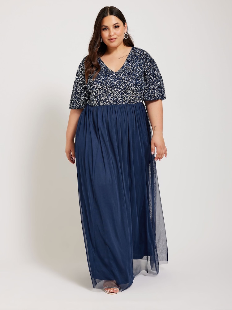 Yours Curve Blue Luxe Sequin V-Neck Maxi Dress - Image 1 of 5