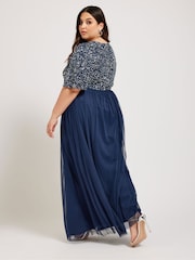 Yours Curve Blue Luxe Sequin V-Neck Maxi Dress - Image 3 of 5