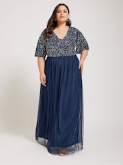 Yours Curve Blue Luxe Sequin V-Neck Maxi Dress - Image 4 of 5
