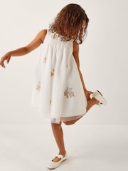Monsoon Natural Aria Sleeveless Floral Print Broderie Dress - Image 1 of 4