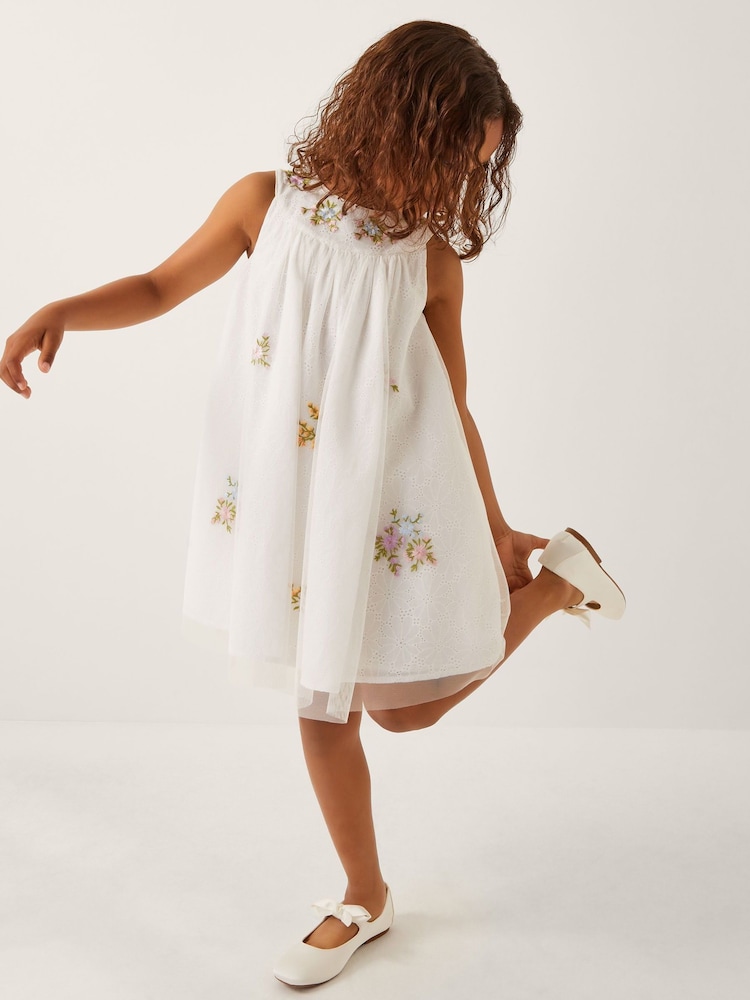 Monsoon Natural Aria Sleeveless Floral Print Broderie Dress - Image 1 of 4