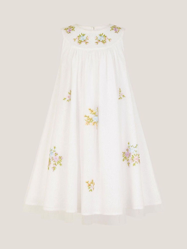 Monsoon Natural Aria Sleeveless Floral Print Broderie Dress - Image 2 of 4